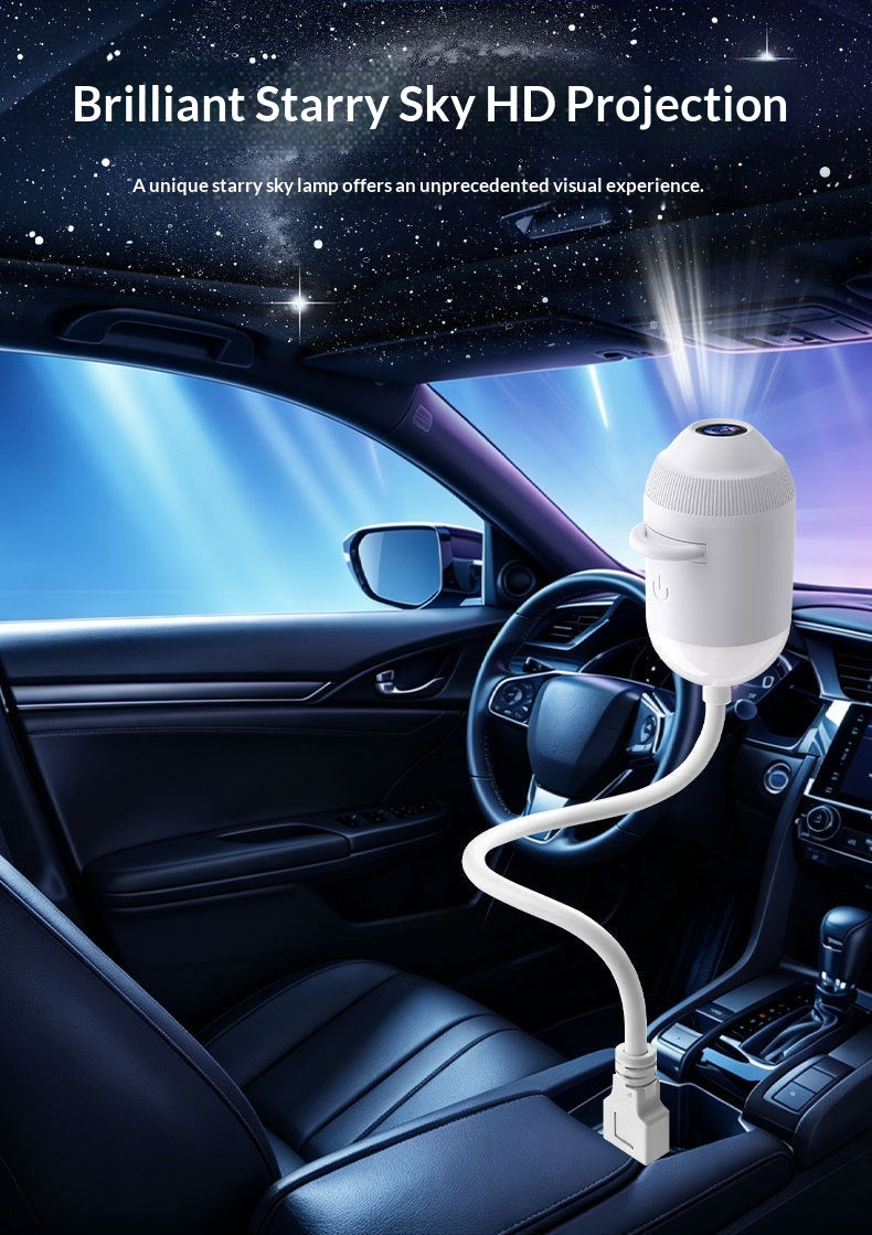 A car interior with a white portable projector lamp mounted on the dashboard, projecting a starry sky scene onto the windshield. Text at the top reads 'Brilliant Starry Sky HD Projection.